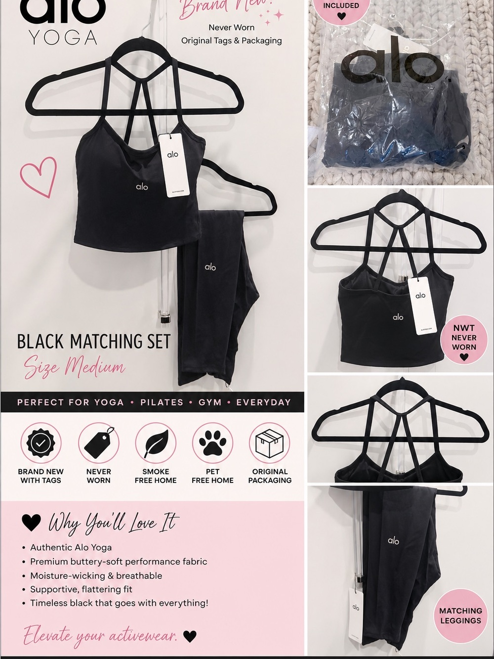 ALO Yoga Black Strappy Cropped Sports Bra with Matching Black Leggings